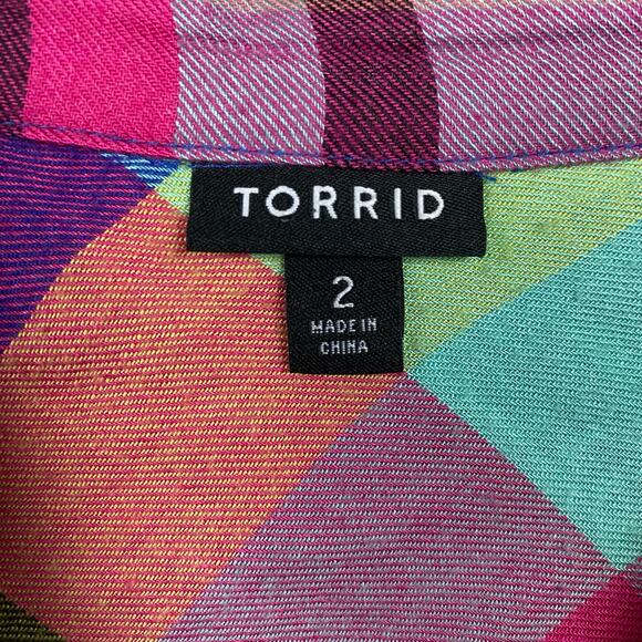 Torrid Bright Rainbow Plaid Brushed Fleece Button Up Shirt Sz.2 - Picture 7 of 13